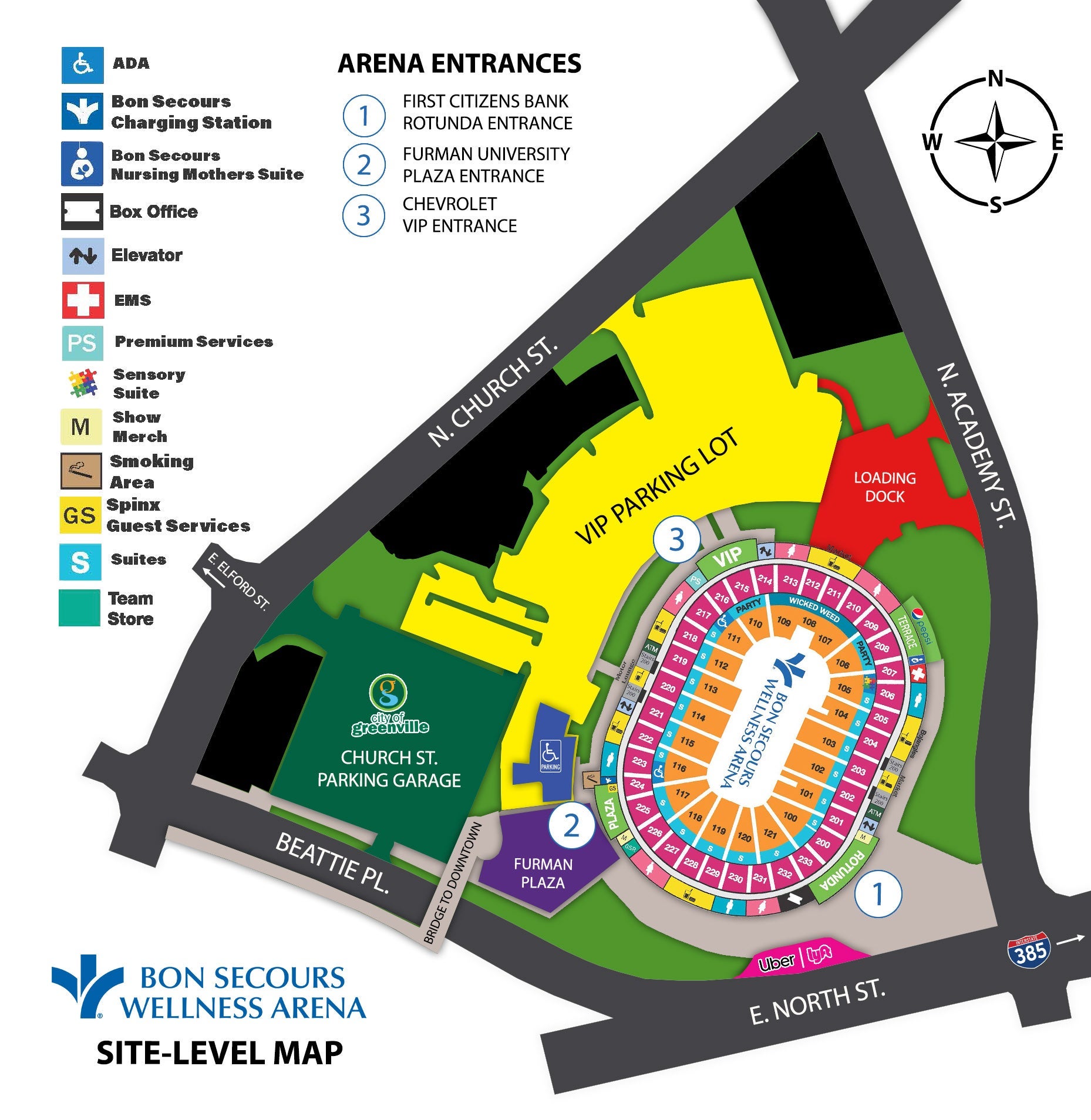 Arena site level map featuring entrances